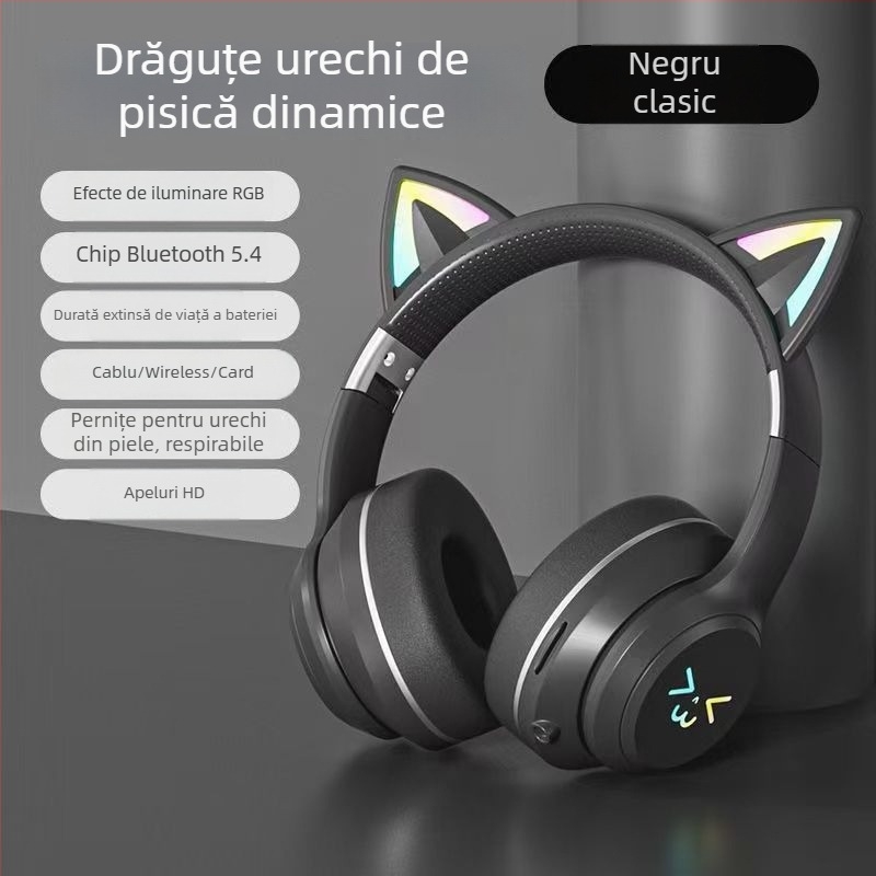 Xianxi Cartoon Căști Bluetooth over-ear, cu LED-uri, fără fir, anulare zgomot, microfon, autonomie mare, pentru telefon și PC