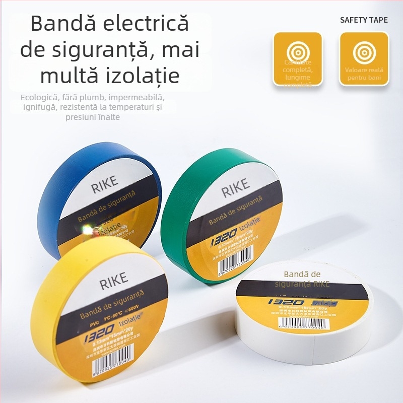Rike bandă izolatoare electrică PVC, rezistentă la apă, pe o singură față, 18 m lungime, 18 mm lățime, 0–80°C, tensiune sub 600V, colorată și îngroșată, adeziv pe bază de cauciuc