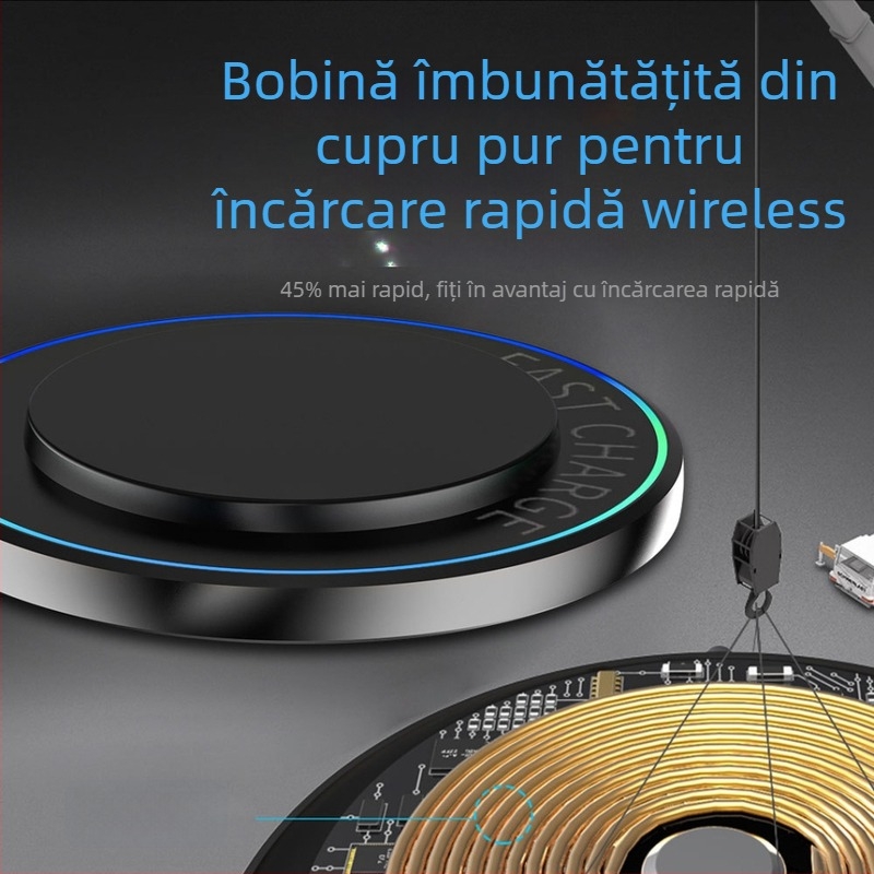 Încărcător wireless rotund de 15W cu suport pentru telefoane Android, Apple, Huawei și Samsung
