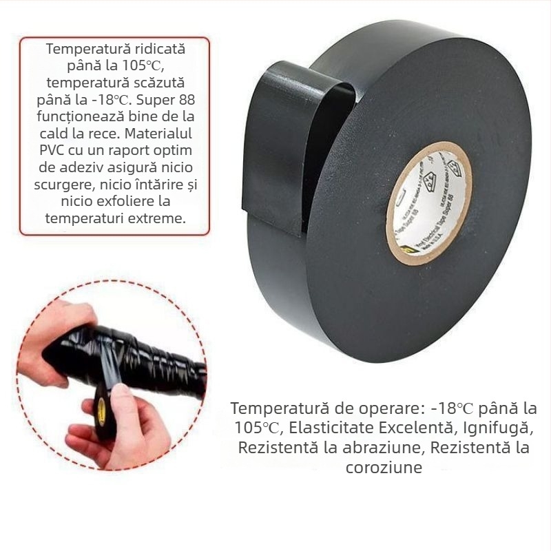 Bandă izolatoare electrică din PVC neagră, rezistentă la apă, la temperaturi înalte, cu aderență puternică