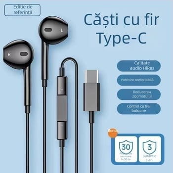 Căști in-ear cu Type-C, conector plat și siglă, compatibile cu Xiaomi, Vivo, Honor, Huawei, Oppo, Letv
