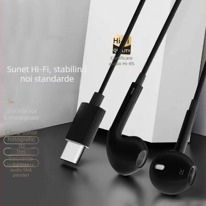 Căști in-ear cu Type-C, conector plat și siglă, compatibile cu Xiaomi, Vivo, Honor, Huawei, Oppo, Letv