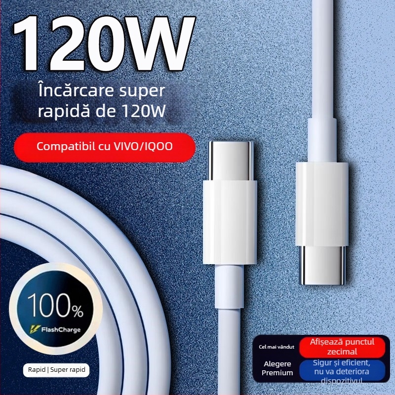 Cablu USB-C pentru încărcare rapidă de 120W pentru VIVO/iQOO 11 Pro și 11s, lungime 1–2 m, alb