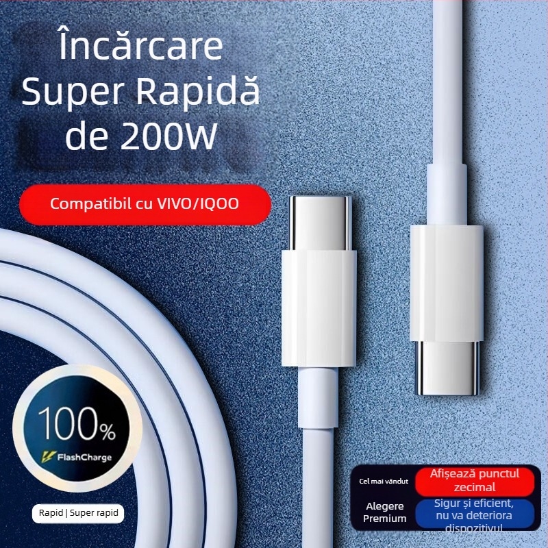 Cablu USB-C pentru încărcare rapidă de 120W pentru VIVO/iQOO 11 Pro și 11s, lungime 1–2 m, alb