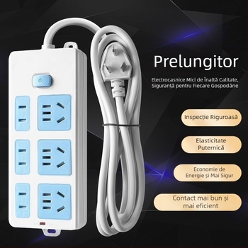 Prelungitor cu 21 prize, albastru‑alb, 1.8 m, 3 conductori de împământare, cupru pur