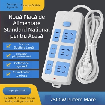 Prelungitor cu 21 prize, albastru‑alb, 1.8 m, 3 conductori de împământare, cupru pur