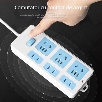 Prelungitor cu 21 prize, albastru‑alb, 1.8 m, 3 conductori de împământare, cupru pur