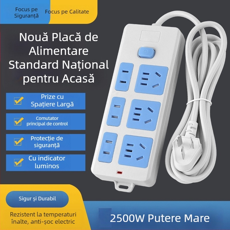 Prelungitor cu 21 prize, albastru‑alb, 1.8 m, 3 conductori de împământare, cupru pur