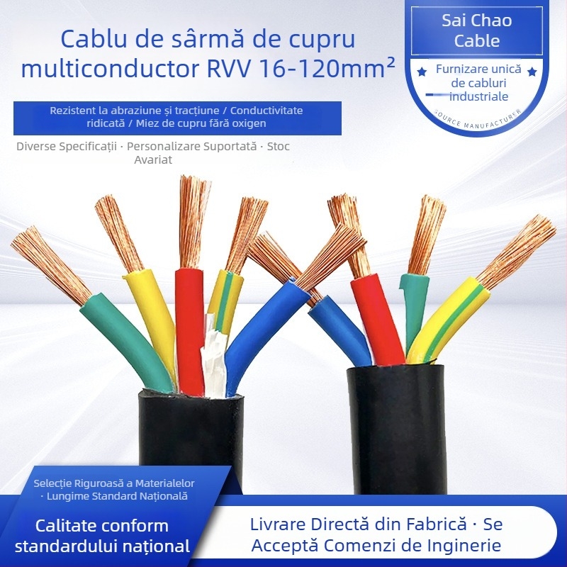 Cablu VVR cu nucleu de cupru, rezistent la foc, configurații 3+1, 3+2 sau 4+1 nuclee, secțiune 10–35 mm², izolație PVC și mantă PVC, certificare GB/T5023-2008
