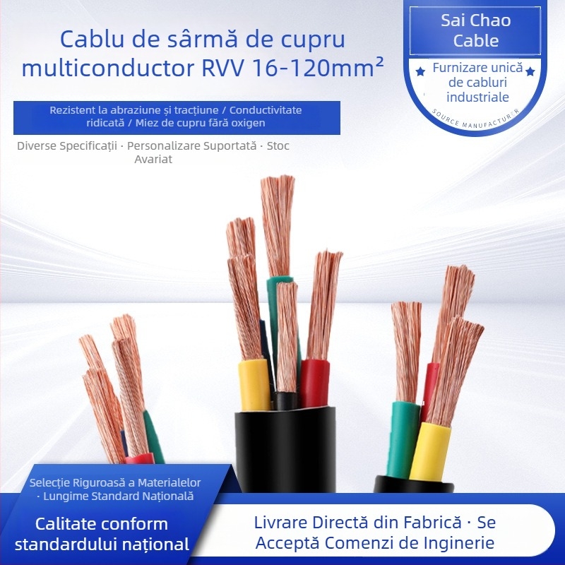 Cablu VVR cu nucleu de cupru, rezistent la foc, configurații 3+1, 3+2 sau 4+1 nuclee, secțiune 10–35 mm², izolație PVC și mantă PVC, certificare GB/T5023-2008
