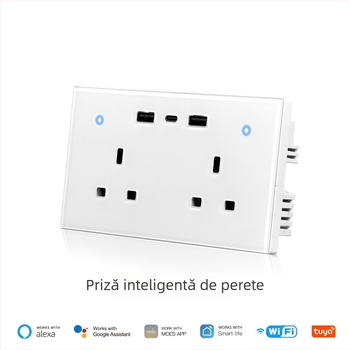 Graffiti WiFi priză inteligentă de perete, standard UK, cu cititor de energie, două porturi USB și Type-C