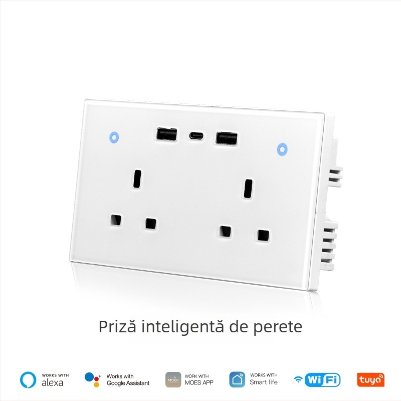 Graffiti WiFi priză inteligentă de perete, standard UK, cu cititor de energie, două porturi USB și Type-C