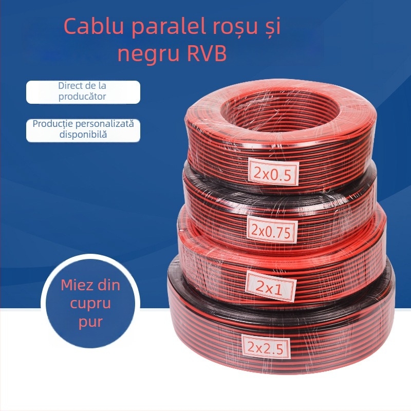 Cablu cu doi conductori 0.5-2.5 mm² din cupru fără oxigen, roșu și negru, pentru alimentare supraveghere, cupru pur, cablu paralel cu doi conductori