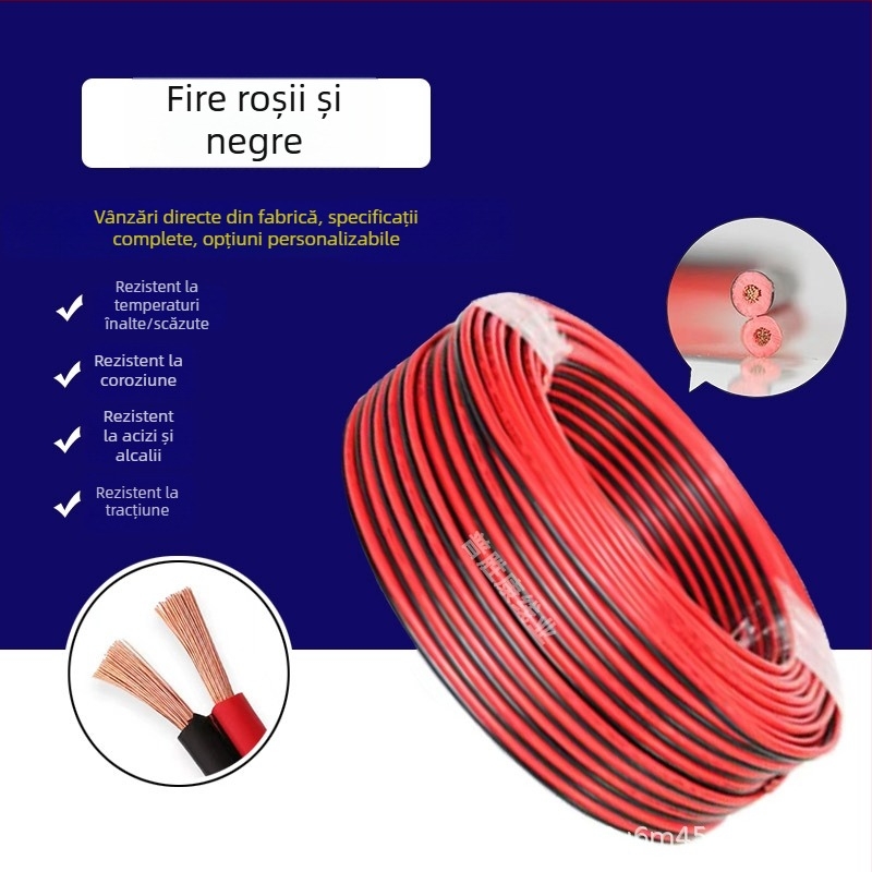 Cablu roșu-negru din cupru pur RVB2, dublu paralel pentru panouri, secțiuni 0,5/0,75/1/1,5/2,5 mm²