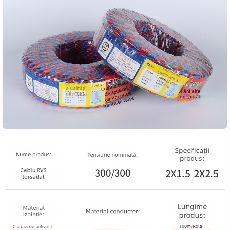 Cablu casnic ignifug cu miez de cupru, conductori răsuciți în perechi, secțiuni 1,5 mm² și 2,5 mm², ZR-RVS