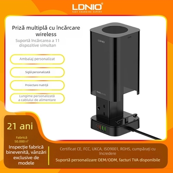 Priză verticală în formă de turn cu prize britanice, încărcare wireless, PD rapid, 4 porturi USB