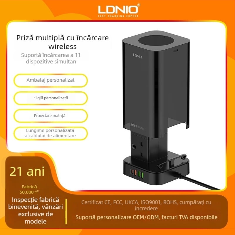 Priză verticală în formă de turn cu prize britanice, încărcare wireless, PD rapid, 4 porturi USB