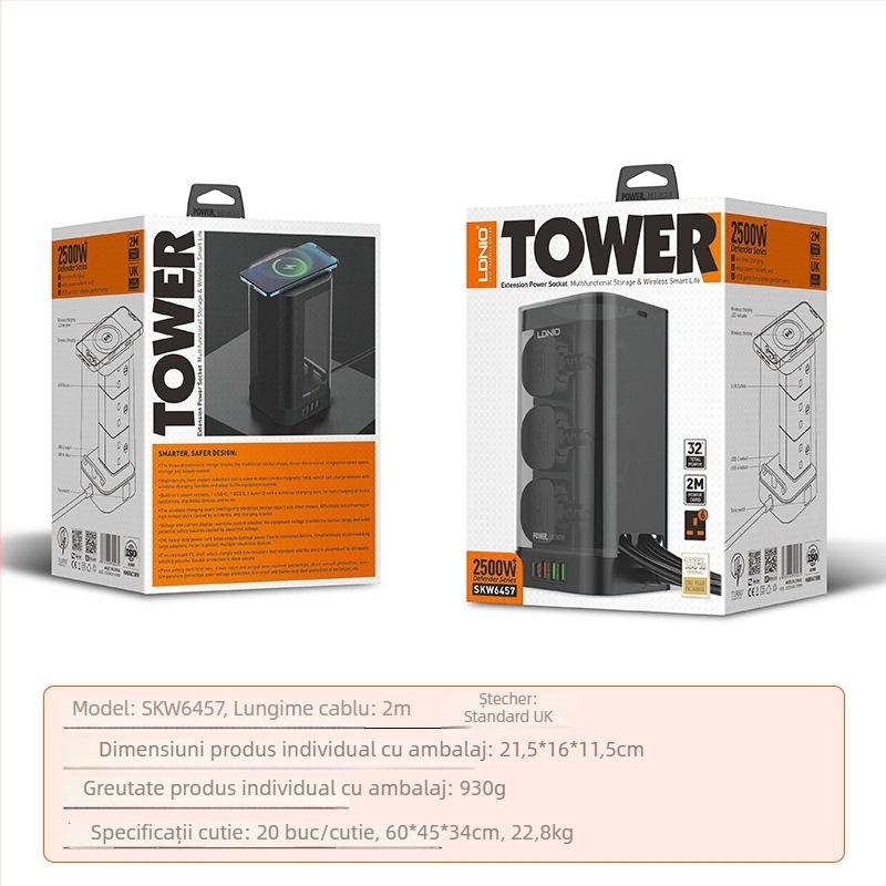 Priză verticală în formă de turn cu prize britanice, încărcare wireless, PD rapid, 4 porturi USB