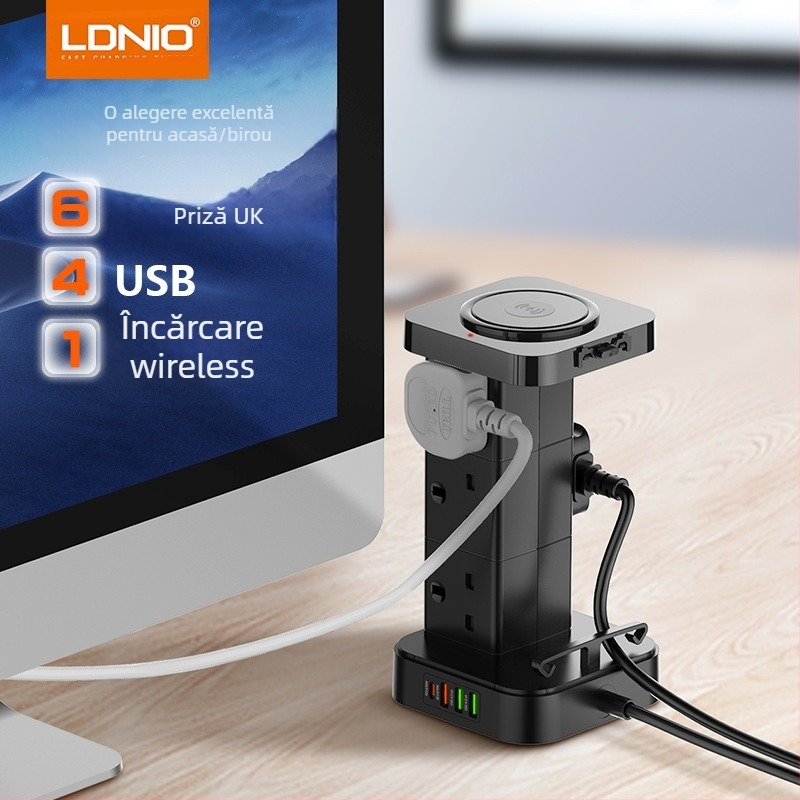 Priză verticală în formă de turn cu prize britanice, încărcare wireless, PD rapid, 4 porturi USB