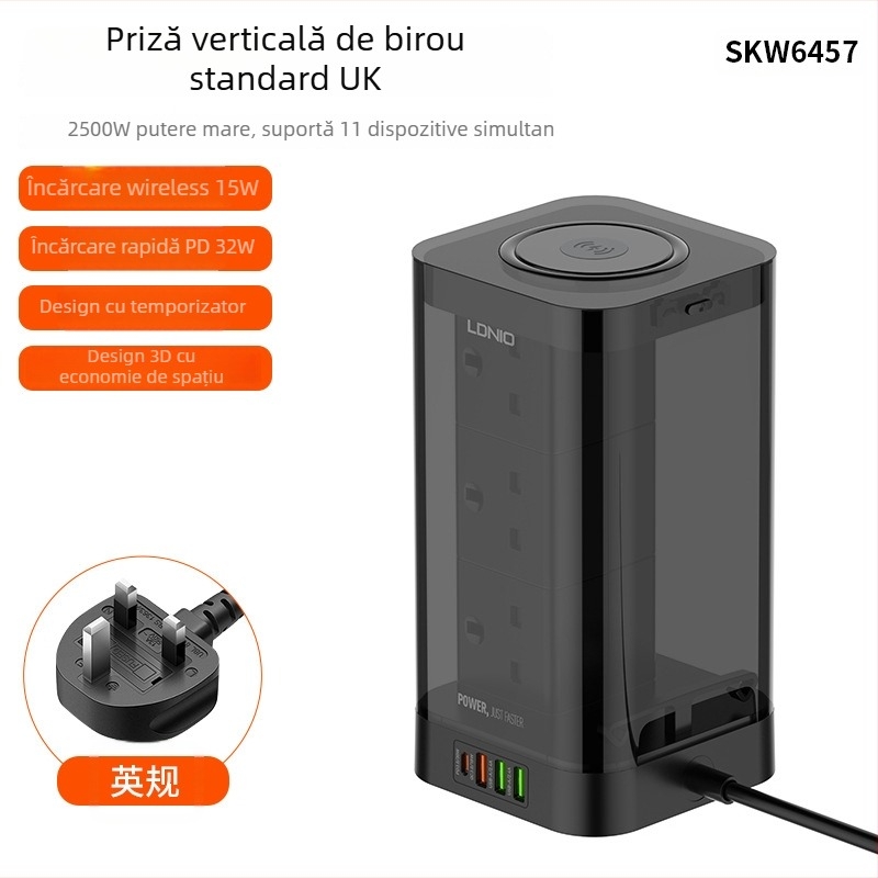 Priză verticală în formă de turn cu prize britanice, încărcare wireless, PD rapid, 4 porturi USB