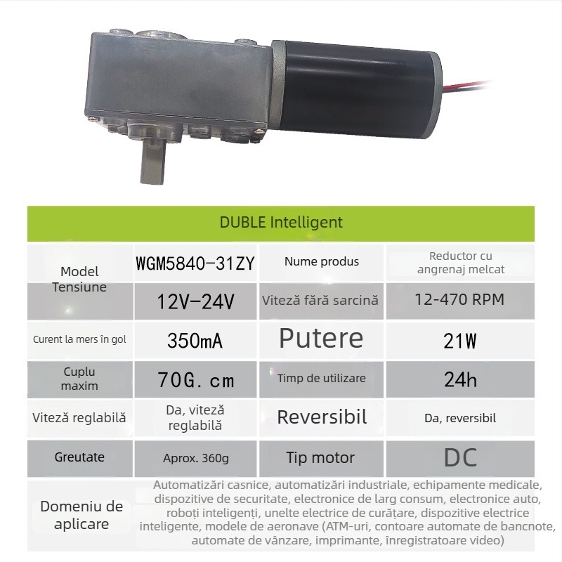 5840-31ZY motor DC cu reductor melcat, reglaj 12–24V, blocare automată, cuplu ridicat, axă dublă