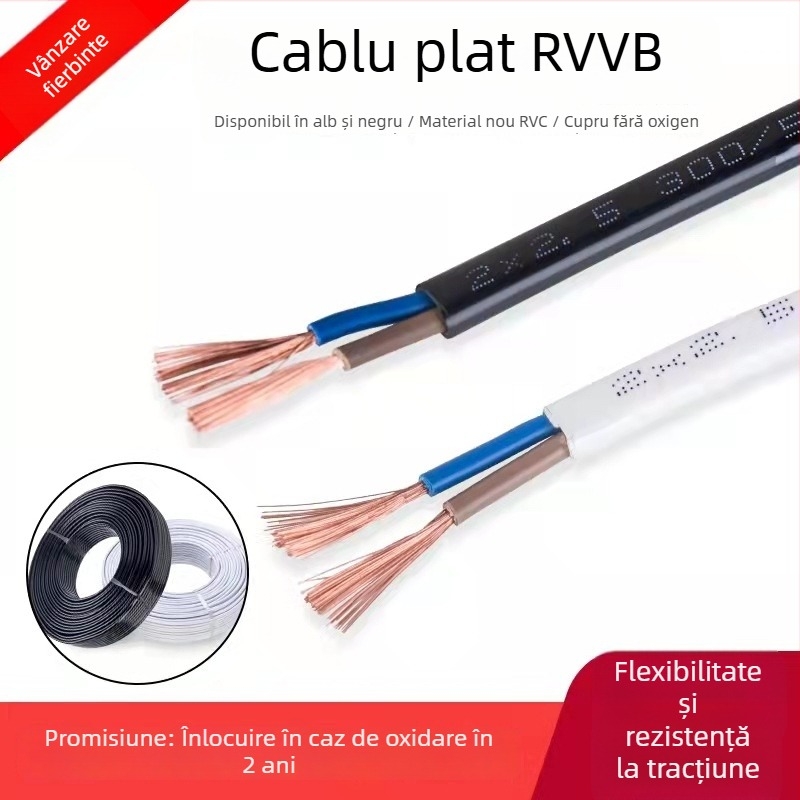 Cablu plat de alimentare cu doi conductori, din cupru fără oxigen, alb, secțiuni 0.5/0.75/1.5/2.5 mm², izolație și mantă din PVC