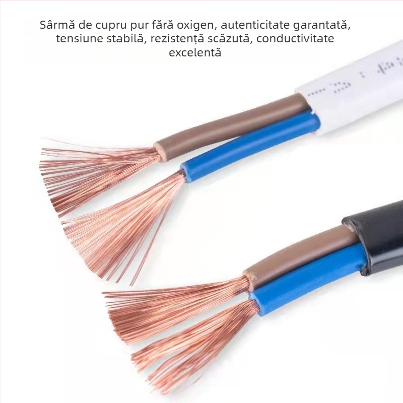 Cablu plat de alimentare cu doi conductori, din cupru fără oxigen, alb, secțiuni 0.5/0.75/1.5/2.5 mm², izolație și mantă din PVC