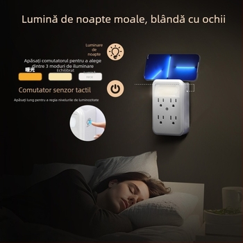 Prelungitor de perete cu 6 prize și senzor LED, extensie 9-in-1, priză de perete în standard american
