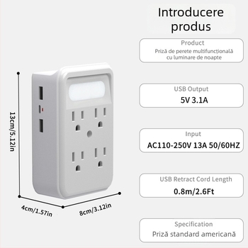 Prelungitor de perete cu 6 prize și senzor LED, extensie 9-in-1, priză de perete în standard american