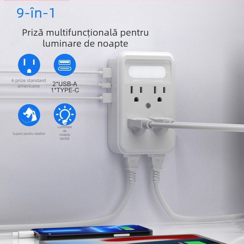 Prelungitor de perete cu 6 prize și senzor LED, extensie 9-in-1, priză de perete în standard american