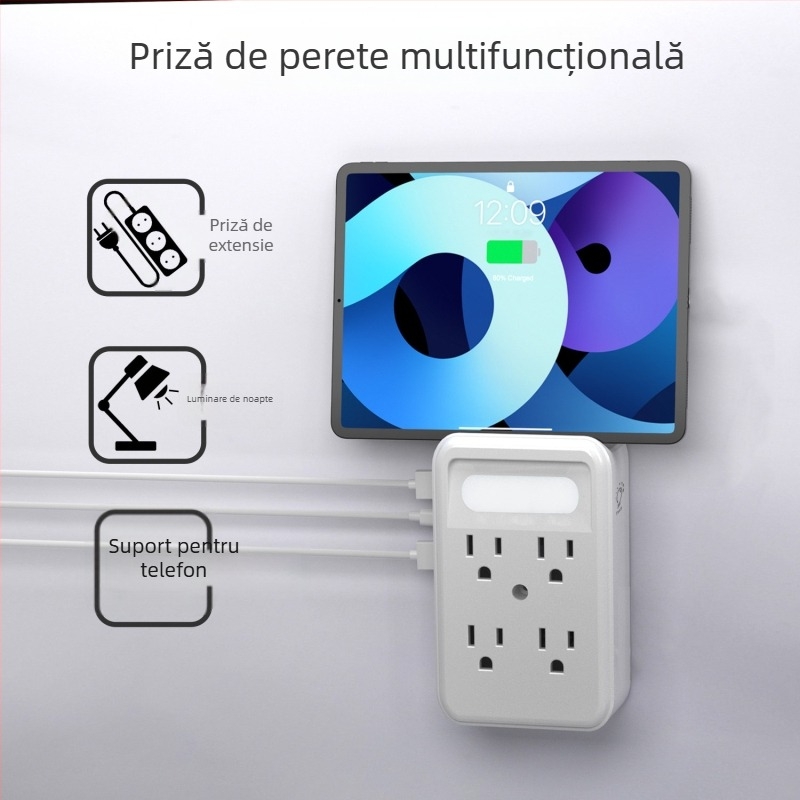 Prelungitor de perete cu 6 prize și senzor LED, extensie 9-in-1, priză de perete în standard american