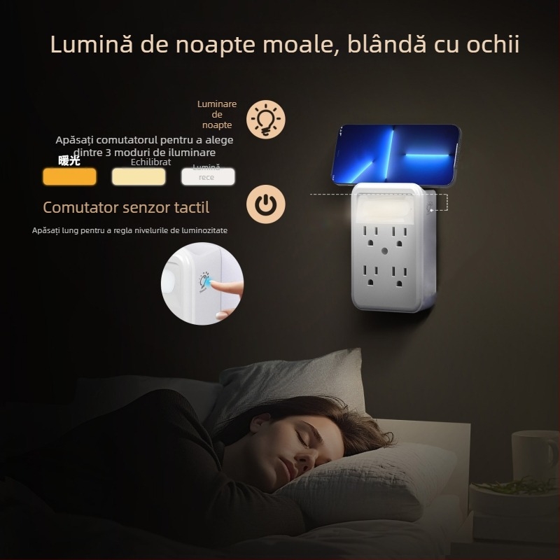 Prelungitor de perete cu 6 prize și senzor LED, extensie 9-in-1, priză de perete în standard american