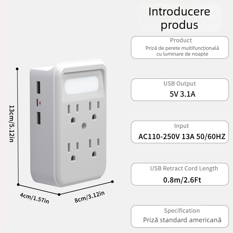 Prelungitor de perete cu 6 prize și senzor LED, extensie 9-in-1, priză de perete în standard american
