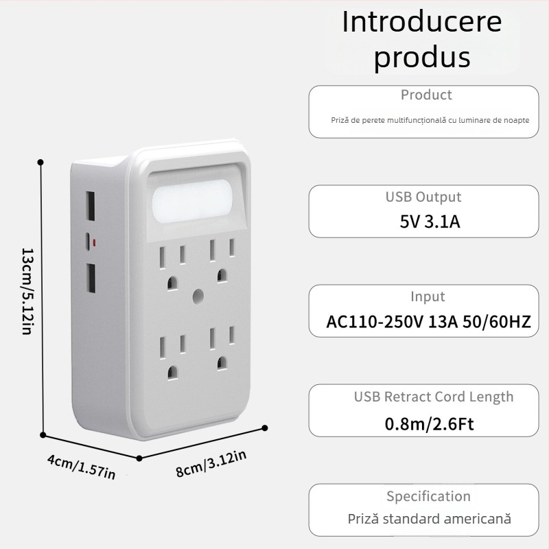 Prelungitor de perete cu 6 prize și senzor LED, extensie 9-in-1, priză de perete în standard american