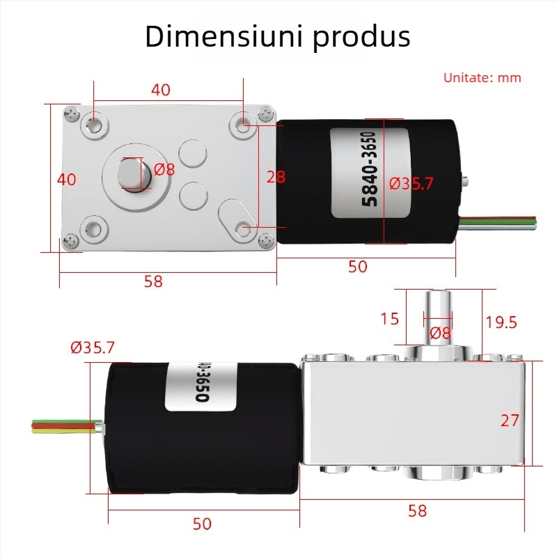 Motor DC brushless cu angrenaj melcat, 12V/24V, reglaj viteză, auto-blocare, înaltă putere