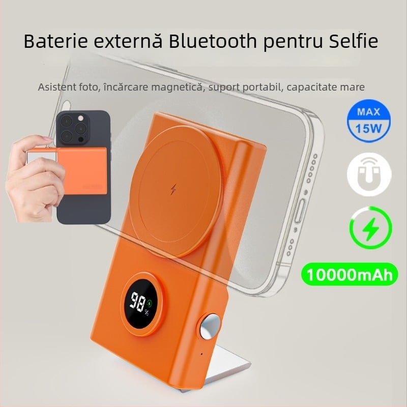 Power bank Bluetooth pentru selfie cu încărcare magnetică fără fir, 15W, suport pentru telefon, 10000mAh, capacitate mare
