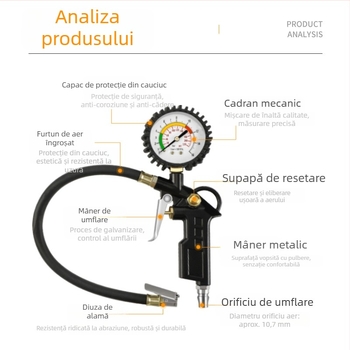 Manometru de presiune pentru pneuri, cu cap de umflare și afișaj digital
