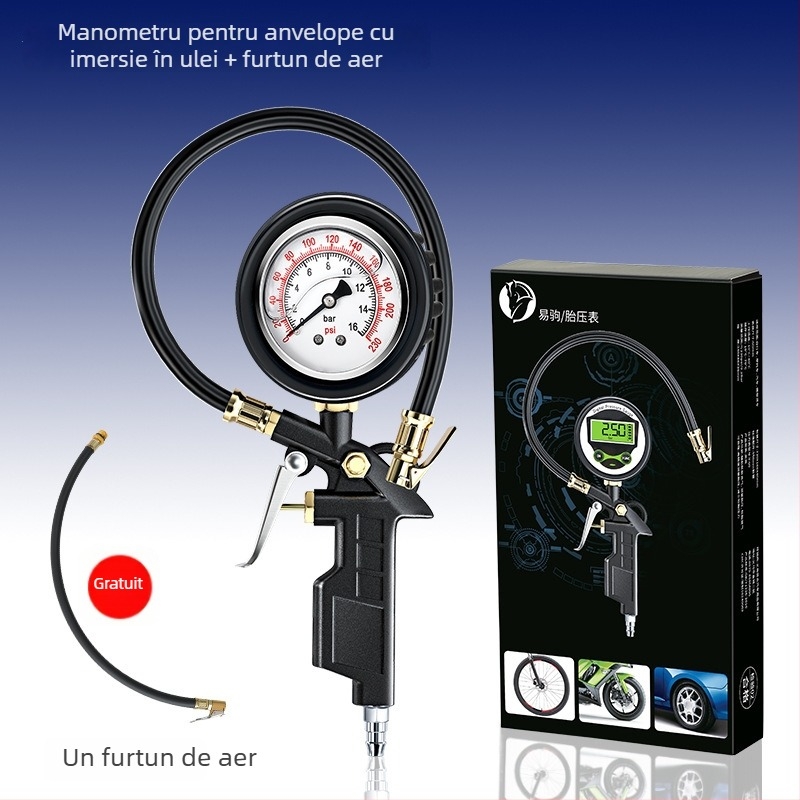 Manometru de presiune pentru pneuri, cu cap de umflare și afișaj digital