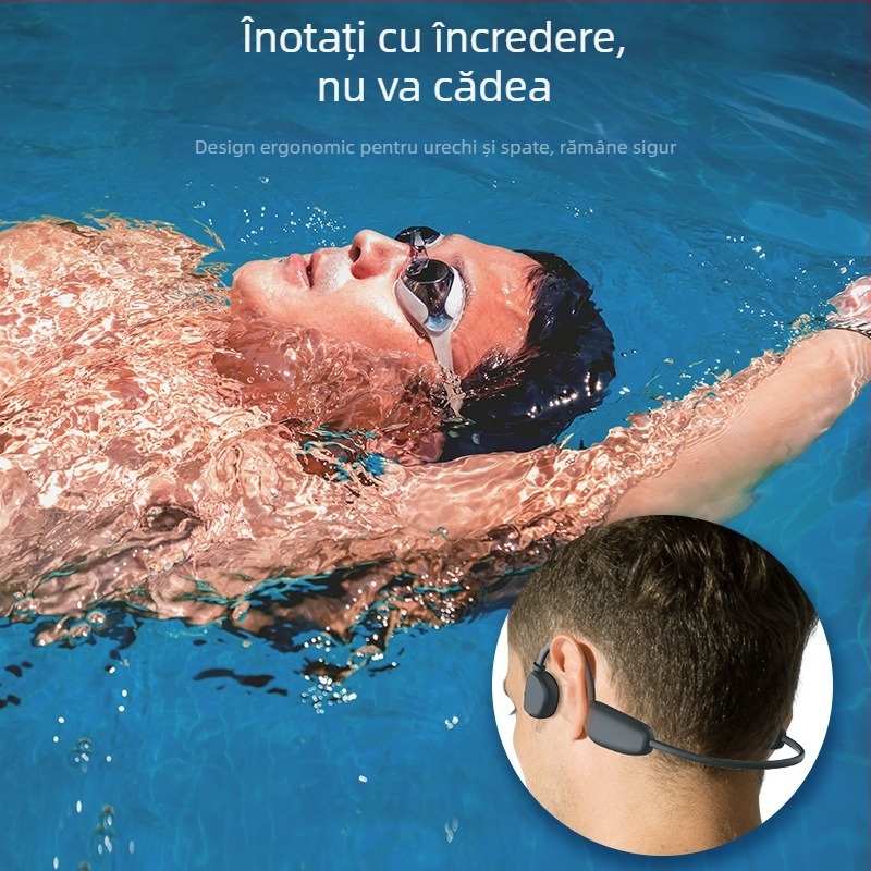 Căști cu conductivitate osoasă pentru sport, Bluetooth, pentru înot și alergare, design fără fir la nivel de gât, IPX8 rezistente la apă.