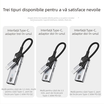 Adaptor Type-C pentru iPad și Google, conector audio 3,5 mm 3 în 1 pentru căști, transmisii live și apeluri, U-Shield 60W