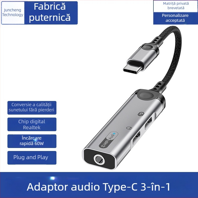 Adaptor Type-C pentru iPad și Google, conector audio 3,5 mm 3 în 1 pentru căști, transmisii live și apeluri, U-Shield 60W