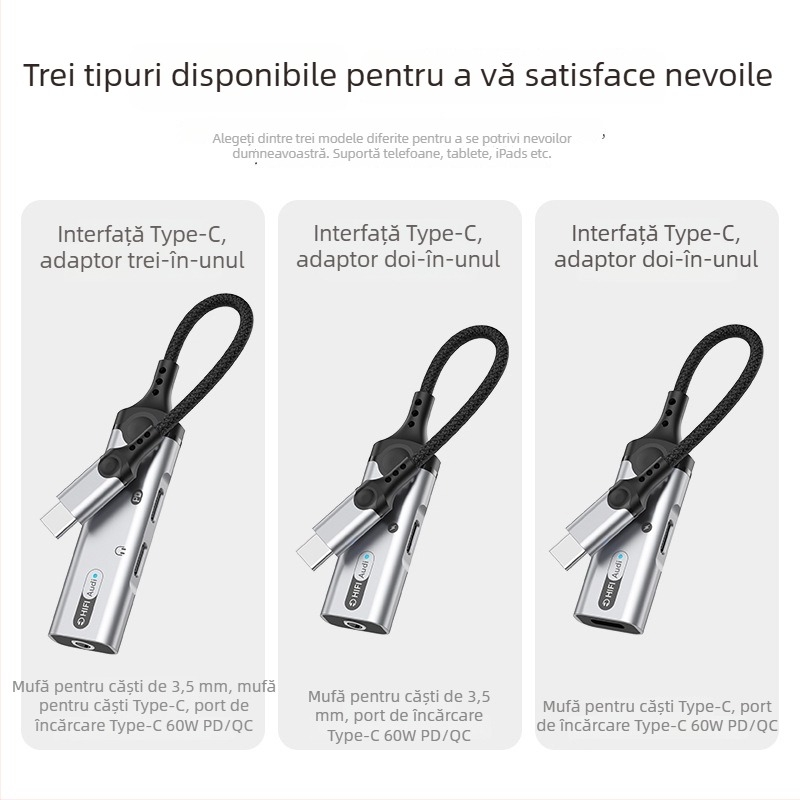 Adaptor Type-C pentru iPad și Google, conector audio 3,5 mm 3 în 1 pentru căști, transmisii live și apeluri, U-Shield 60W