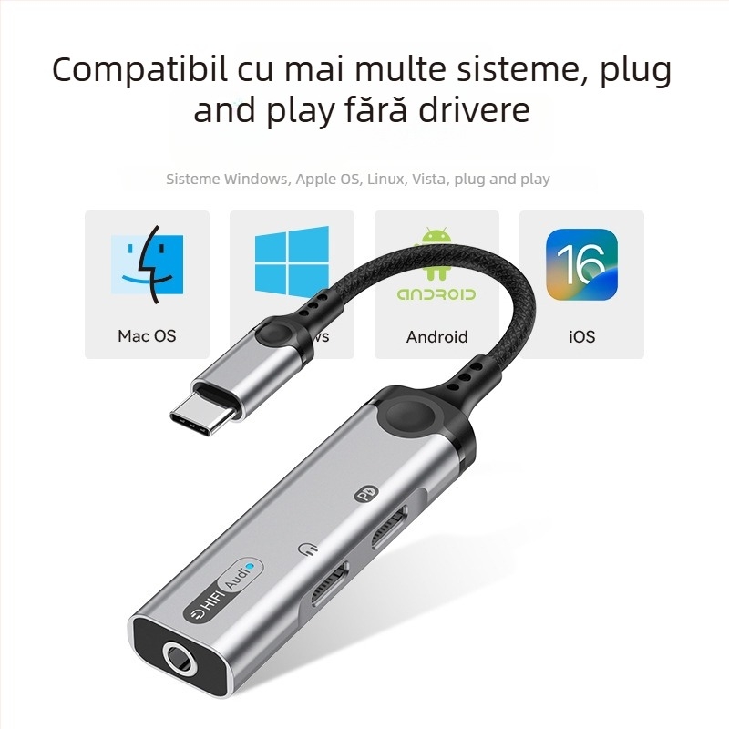 Adaptor Type-C pentru iPad și Google, conector audio 3,5 mm 3 în 1 pentru căști, transmisii live și apeluri, U-Shield 60W