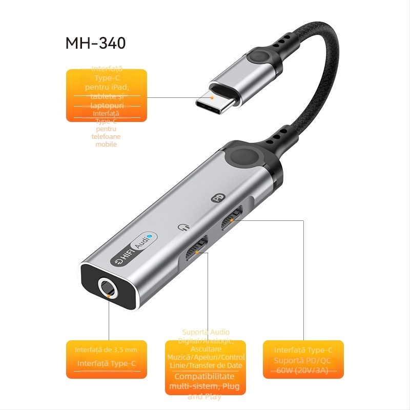 Adaptor Type-C pentru iPad și Google, conector audio 3,5 mm 3 în 1 pentru căști, transmisii live și apeluri, U-Shield 60W