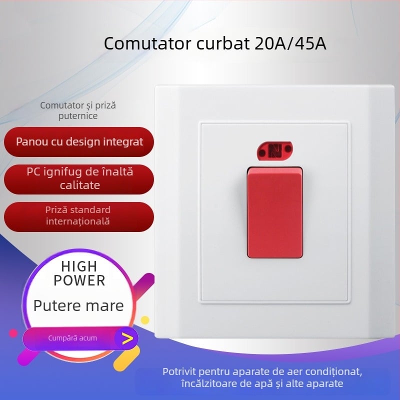  întrerupător de perete cu cadru curbat și indicator, 20A/45A – pentru boiler de apă fierbinte și aer condiționat
