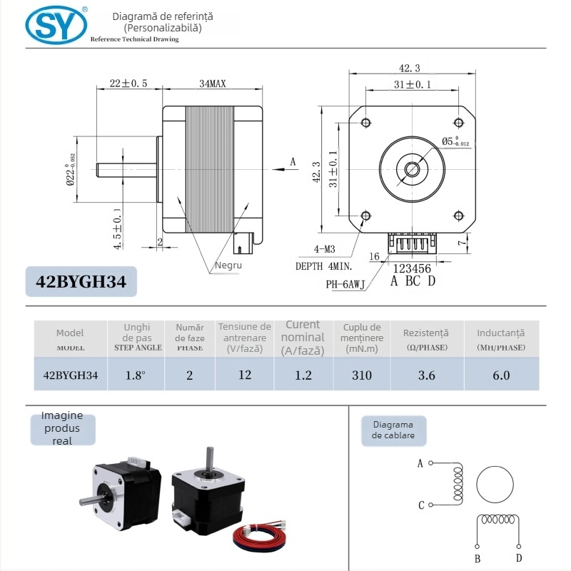 Motor pas cu pas hibrid NEMA 17 42BYGH, 12V, înălțime 34 mm