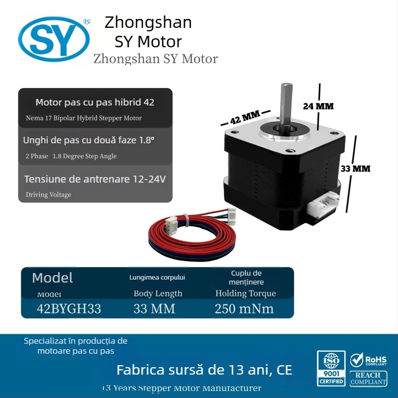 Motor pas cu pas hibrid NEMA 17 42BYGH, 12V, înălțime 34 mm