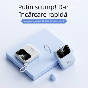 Power bank certificat 3C cu cod de trasabilitate 69, încărcare rapidă 22,5W, cablu încorporat, baterie de 10000mAh portabilă