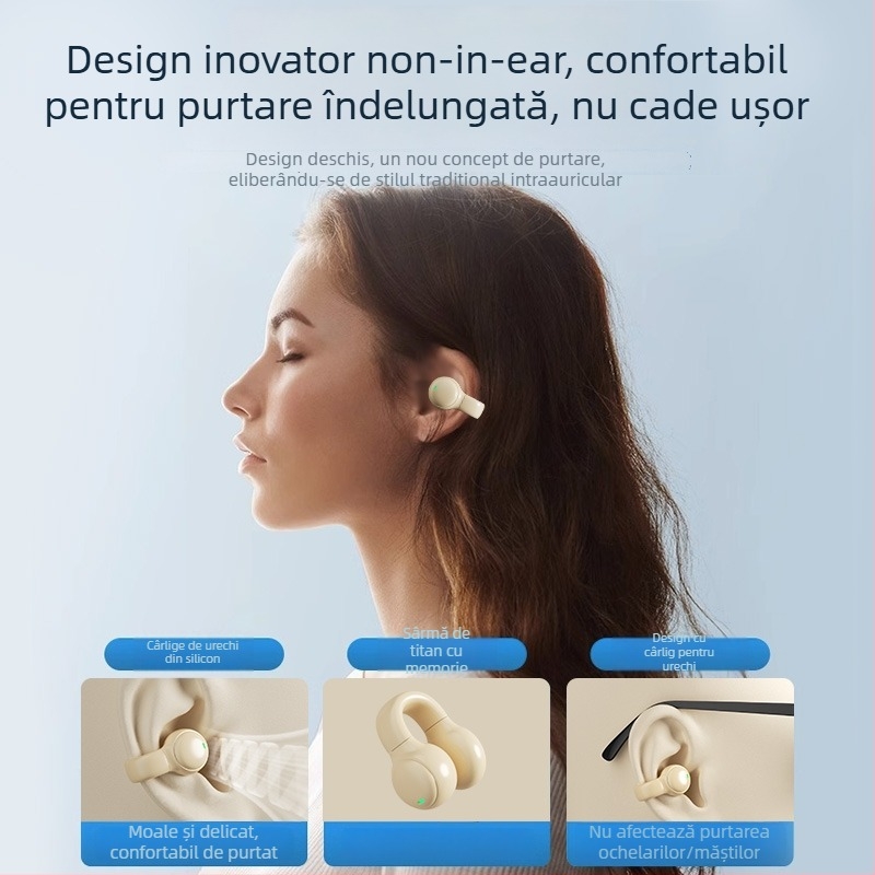 Căști cu conducție osoasă, adevărat wireless Bluetooth, clips pentru urechi, unisex, pentru sport, anulare zgomot