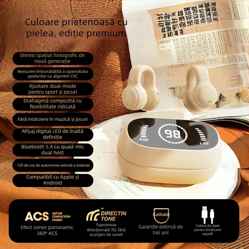 Căști cu conducție osoasă, adevărat wireless Bluetooth, clips pentru urechi, unisex, pentru sport, anulare zgomot